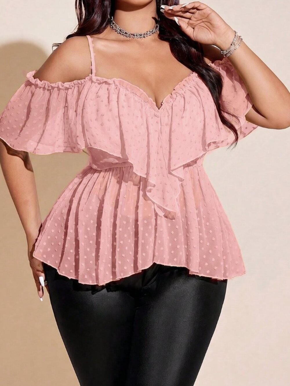 Baby Pink Casual Women's Plus Size Frill Trim Blouse
